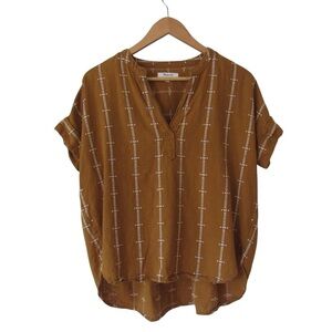 Madewell Lakeline Popover Shirttail Top in Jacquard Stripe XS Short Sleeve Brown
